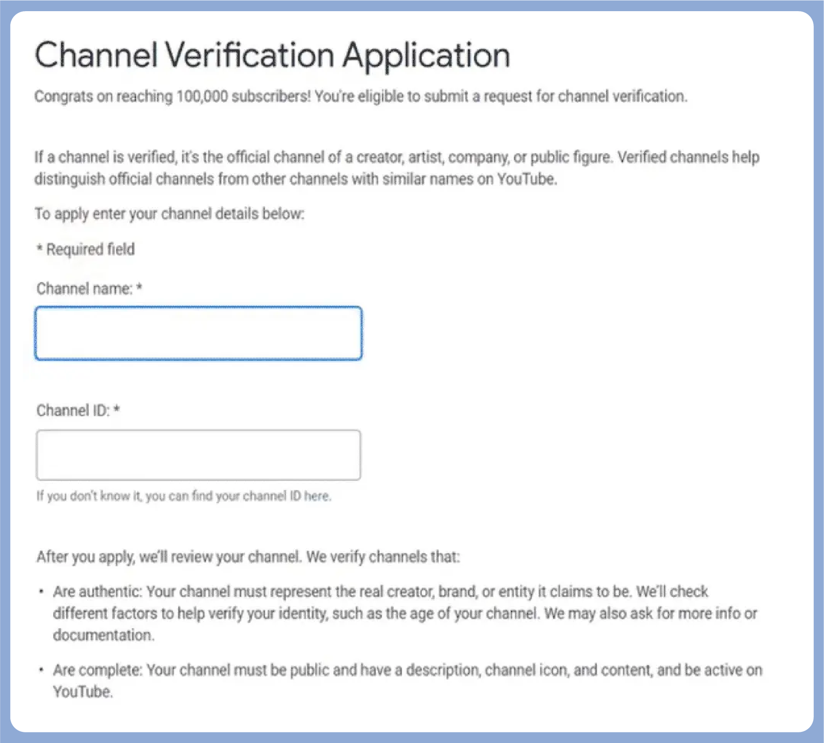 youtube channel verification form