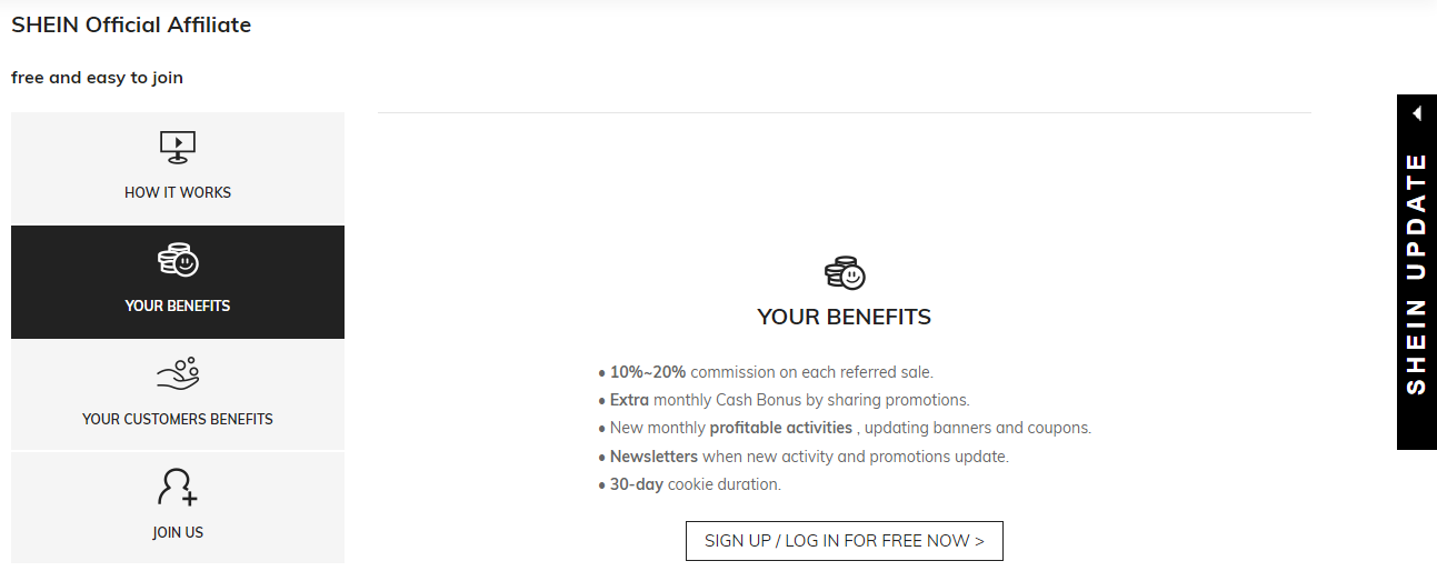 Shein affiliate marketing program commission rates